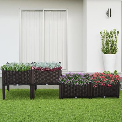 Outsunny 4 Piece Plastic Raised Garden Bed Planter Box Self Watering Design and Drainage Holes for Flowers Brown Image 2
