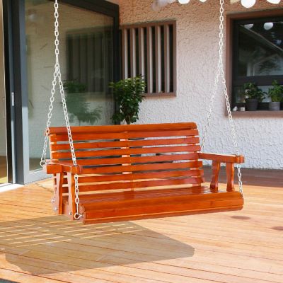 Outsunny 46" 2 Person Outdoor Porch Swing Bench 2 Built In Cup Holders Slatted Design and Chains Included 550lb Weight Capacity Brown Image 2