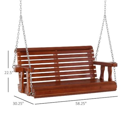 Outsunny 46" 2 Person Outdoor Porch Swing Bench 2 Built In Cup Holders Slatted Design and Chains Included 550lb Weight Capacity Brown Image 3