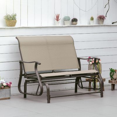 Outsunny 47" Outdoor Double Glider Bench Patio Glider Armchair for Backyard Mesh Seat and Backrest Steel Frame Beige Image 2