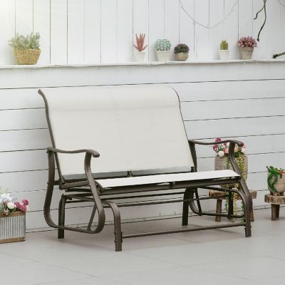 Outsunny 47" Outdoor Double Glider Bench Patio Glider Armchair for Backyard Mesh Seat and Backrest Steel Frame Cream White Image 3