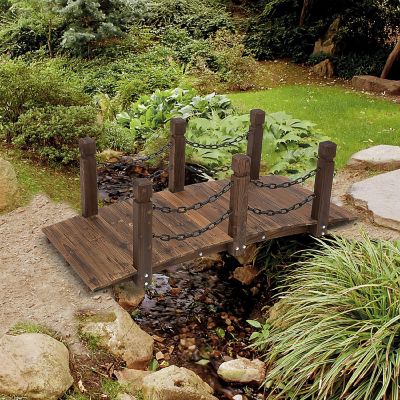 Outsunny 5 ft Wooden Garden Bridge Arc Footbridge Metal Chain Railings and Solid Fir Construction Stained Wood Image 2