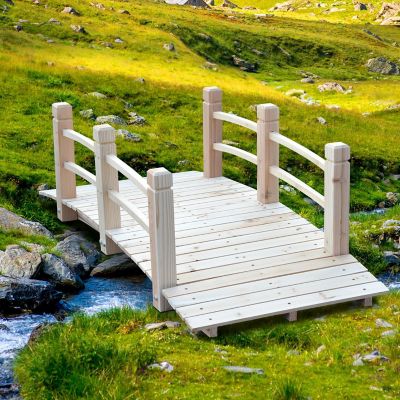 Outsunny 5 ft Wooden Garden Bridge Arc Stained Finish Footbridge Railings for your Backyard Natural Wood Image 2