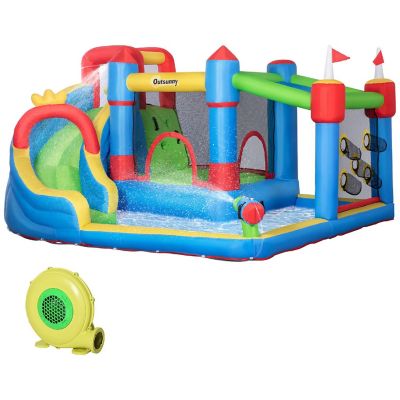 Outsunny 5 in 1 Kids Inflatable Bounce Castle Theme Jumping Castle Includes Slide Trampoline Pool Water Gun Climbing Wall with Inflator Carry Bag Repair Patches Image 1