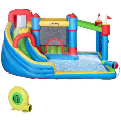 Outsunny 5 in 1 Kids Inflatable Bounce Castle Theme Jumping Castle Includes Slide Trampoline Pool Water Gun Climbing Wall with Inflator Carry Bag Repair Patches Image 1