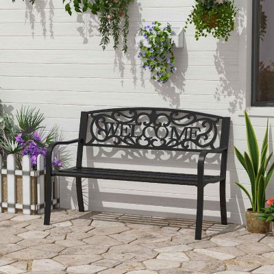 Outsunny 50" 2 Person Garden Bench Loveseat Cast Iron Decorative Welcome Vines Outdoor Patio Bench for Backyard Porch Entryway Image 1