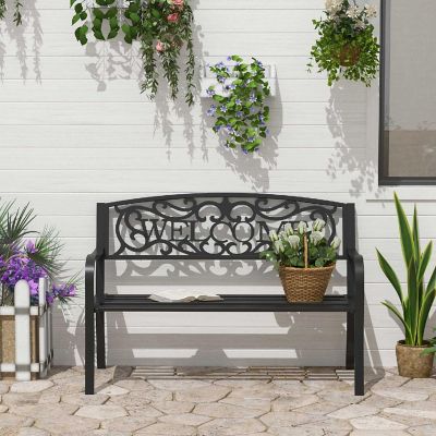 Outsunny 50" 2 Person Garden Bench Loveseat Cast Iron Decorative Welcome Vines Outdoor Patio Bench for Backyard Porch Entryway Image 3