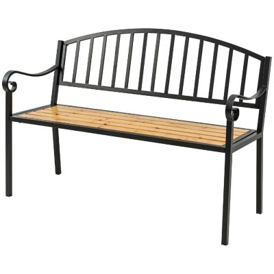 Outsunny 50" Garden Bench Patio Loveseat Antique Backrest Wood Seat and Steel Frame for Backyard or Porch Image 1
