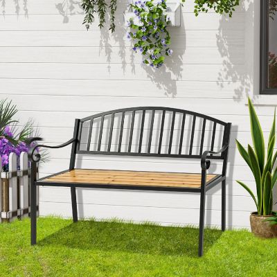 Outsunny 50" Garden Bench Patio Loveseat Antique Backrest Wood Seat and Steel Frame for Backyard or Porch Image 3