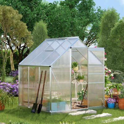 Rain Gutter Polycarbonate Greenhouse Kit with Sliding Door Walk-in Garden Greenhouse w/Adjustable Roof Vent UV Protection 6 x 6 x 7 FT Green House for Plants Outdoor Green 