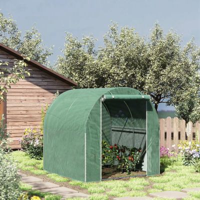 Outsunny 7' x 7' x 7' Tunnel Greenhouse Outdoor Walk In Hot House Roll up Windows and Zippered Door Steel Frame PE Cover Green Image 3