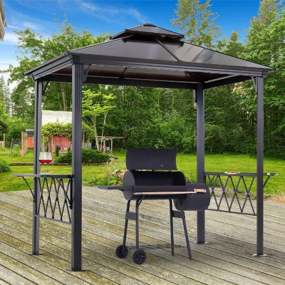 Outsunny 9' x 5' Grill Gazebo Hardtop BBQ Canopy 2 Tier Shelves Serving Tables for Backyard Patio Lawn Image 1