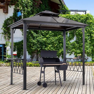 Outsunny 9' x 5' Grill Gazebo Hardtop BBQ Canopy 2 Tier Shelves Serving Tables for Backyard Patio Lawn Image 2