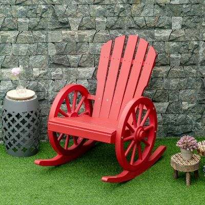 Outsunny Adirondack Rocking Chair Slatted Design and Oversize Back for Porch Poolside or Garden Lounging Red Image 2