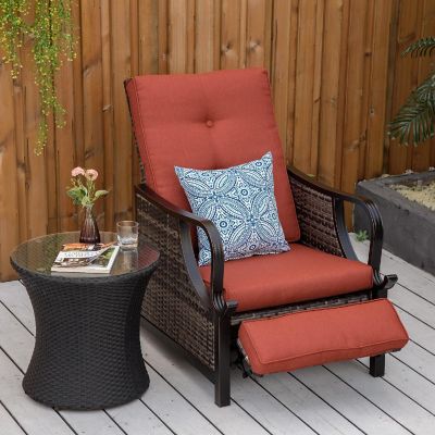 Outsunny Adjustable Patio Rattan Leisure Chair Outdoor Relax PE Rattan Recline Lounge Furniture w/ Cushion and Armrest for Backyard Garden Patio Red Image 2