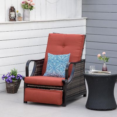 Outsunny Adjustable Patio Rattan Leisure Chair Outdoor Relax PE Rattan Recline Lounge Furniture w/ Cushion and Armrest for Backyard Garden Patio Red Image 3