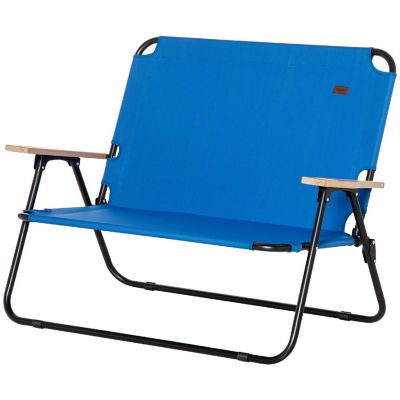 Outsunny Double Folding Chair Loveseat Camping Chair for 2 Person Portable Outdoor Chair Wood Armrest for Fishing Travel Blue Image 1