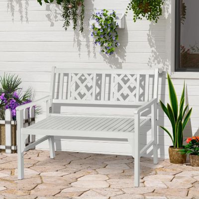 Outsunny Foldable Garden Bench 2 Seater Patio Wooden Bench Loveseat Chair Backrest and Armrest for Patio Porch or Balcony White Image 2
