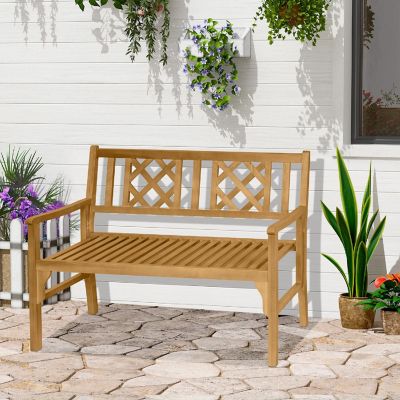 Outsunny Foldable Garden Bench 2 Seater Patio Wooden Bench Loveseat Chair Backrest and Armrest for Patio Porch or Balcony Yellow Image 2