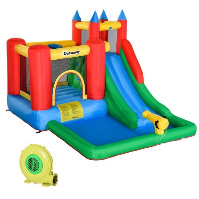 Outsunny Kids Inflatable Water Slide 6 in 1 Bounce House Jumping Castle Water Pool Gun Climbing Wall Basket with Air Blower for Summer Playland Image 1