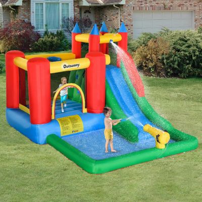 Outsunny Kids Inflatable Water Slide 6 in 1 Bounce House Jumping Castle Water Pool Gun Climbing Wall Basket with Air Blower for Summer Playland Image 1