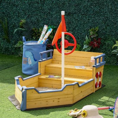 Outsunny Kids Sandbox Pirate Ship Play Boat w/ Bench Seats and Storage Cedar Wood Image 1