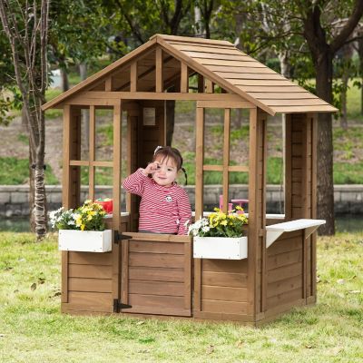 48 x 42.5 x 53 Garden Games Cottage Mailbox with Working Door Flowers Pot Holder Windows Outsunny Playhouse for Kids Outdoor Bench 