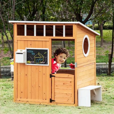 Outsunny Kids Wooden Playhouse Outdoor Garden Games Cottage with Working Door Windows Mailbox Bench Flowers Pot Holder 48" x 42" x 53" Image 2