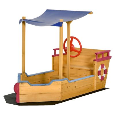 Outsunny Kids Wooden Sandbox Play Station Covered Children Sand boat Outdoor for Backyard w/ Canopy Shade Storage Bench Bottom Liner Aged 3 8 Years Old Orange Image 1