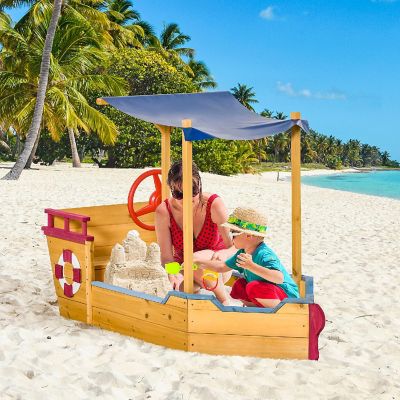 Outsunny Kids Wooden Sandbox Play Station Covered Children Sand boat Outdoor for Backyard w/ Canopy Shade Storage Bench Bottom Liner Aged 3 8 Years Old Orange Image 2
