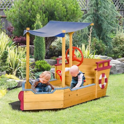 Outsunny Kids Wooden Sandbox Play Station Covered Children Sand boat Outdoor for Backyard w/ Canopy Shade Storage Bench Bottom Liner Aged 3 8 Years Old Orange Image 3