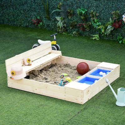 Outsunny Kids Wooden Sandbox w/ 2 Side Buckets Convertible Bench Seat Waterproof Cover Bottom Liner Storage Space Image 1