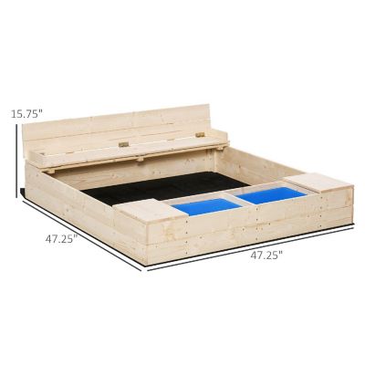 Outsunny Kids Wooden Sandbox w/ 2 Side Buckets Convertible Bench Seat Waterproof Cover Bottom Liner Storage Space Image 2