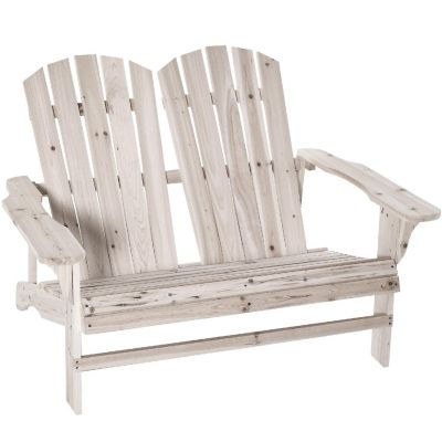 Outsunny Outdoor Adirondack Chair Wooden Loveseat Bench Lounger Armchair Flat Back for Garden Deck Patio Natural Image 1