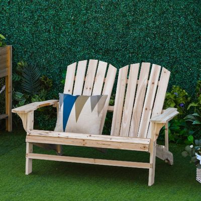 Outsunny Outdoor Adirondack Chair Wooden Loveseat Bench Lounger Armchair Flat Back for Garden Deck Patio Natural Image 3