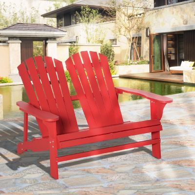 Outsunny Outdoor Adirondack Chair Wooden Loveseat Bench Lounger Armchair Flat Back for Garden Deck Patio Red Image 2