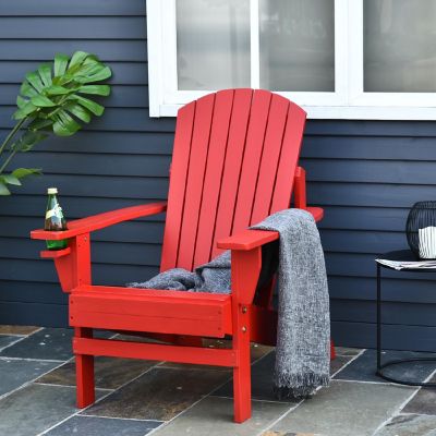 Outsunny Outdoor Classic Wooden Adirondack Deck Lounge Chair Ergonomic Design and a Built In Cup Holder Red Image 1