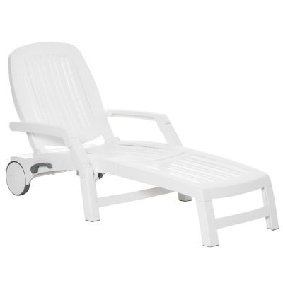 Outsunny Outdoor Folding Chaise Lounge Chair on Wheels Patio Sun Lounger Recliner Storage Box and 5 Position Backrest for Garden Beach Pool White Image 1
