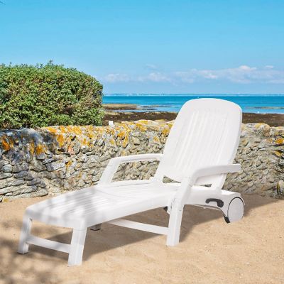 Outsunny Outdoor Folding Chaise Lounge Chair on Wheels Patio Sun Lounger Recliner Storage Box and 5 Position Backrest for Garden Beach Pool White Image 2