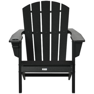 Outsunny Outdoor HDPE Adirondack Deck Chair Plastic Lounger Cup Holder High Back and Wide Seat Black Image 1