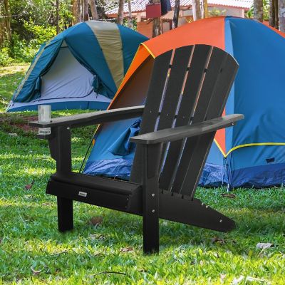Outsunny Outdoor HDPE Adirondack Deck Chair Plastic Lounger Cup Holder High Back and Wide Seat Black Image 2