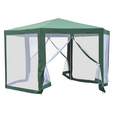 Outsunny Outdoor Hexagon Sun Shade Canopy Tent Protective Mesh Screen Walls and Proper Sun Protection Green Image 1