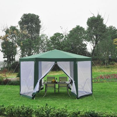 Outsunny Outdoor Hexagon Sun Shade Canopy Tent Protective Mesh Screen Walls and Proper Sun Protection Green Image 2