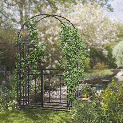 Outsunny Outdoor Metal Garden Arbor Arch with Double Gate Weather ...