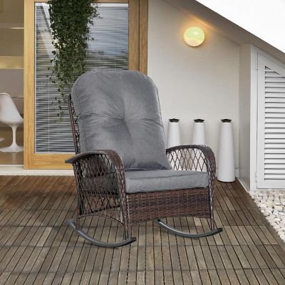 Outsunny Outdoor PE Rattan Rocking Chair Patio Wicker Recliner Rocker Chair Soft Cushion for Garden Backyard Porch Grey Image 3
