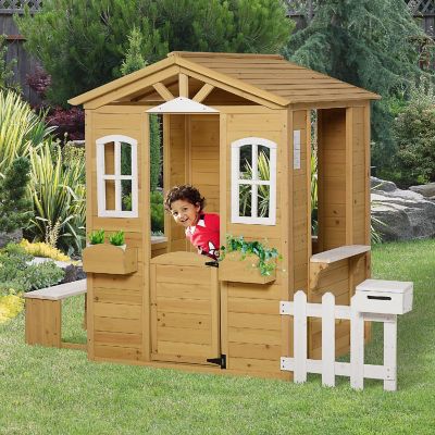 Outsunny Outdoor Playhouse for kids Wooden Cottage with Working Doors Windows and Mailbox Pretend Play House for Age 3 6 Years Image 1