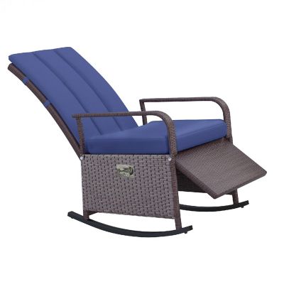 Outsunny Outdoor Rattan Wicker Rocking Chair Patio Recliner Soft Cushion Adjustable Footrest Max. 135 Degree Backrest Blue Image 1