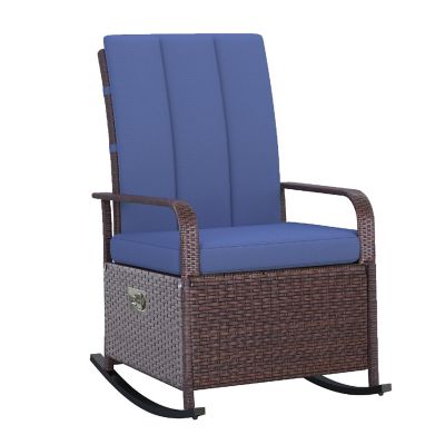 Outsunny Outdoor Rattan Wicker Rocking Chair Patio Recliner Soft Cushion Adjustable Footrest Max. 135 Degree Backrest Blue Image 1