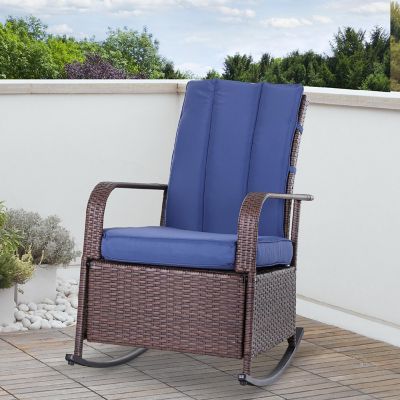 Outsunny Outdoor Rattan Wicker Rocking Chair Patio Recliner Soft Cushion Adjustable Footrest Max. 135 Degree Backrest Blue Image 2