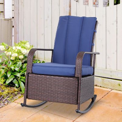 Outsunny Outdoor Rattan Wicker Rocking Chair Patio Recliner Soft Cushion Adjustable Footrest Max. 135 Degree Backrest Blue Image 3